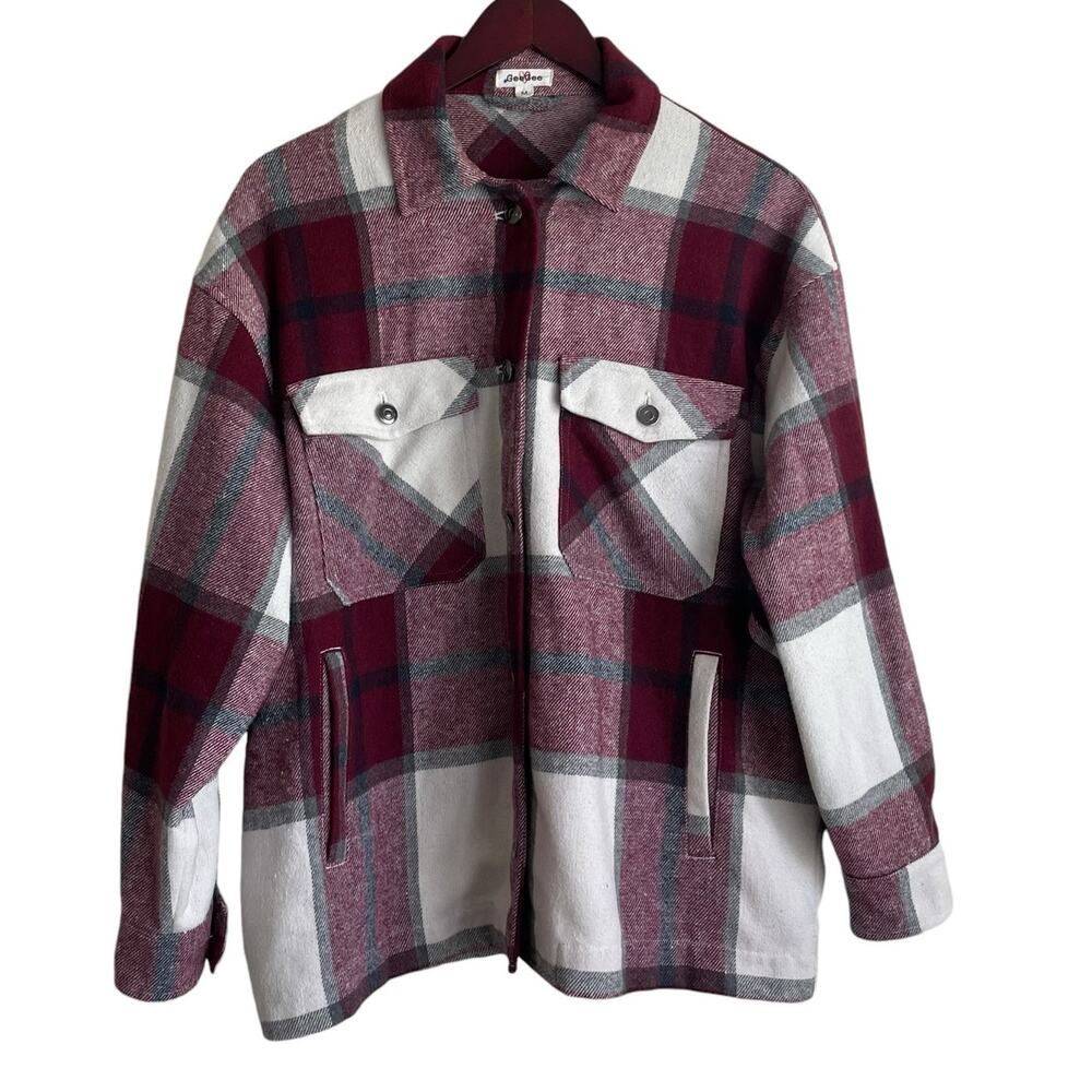 GeeGee Women‎ Shcacket M Maroon Plaid Utility Casual Warm Cozy Western Cowgirl